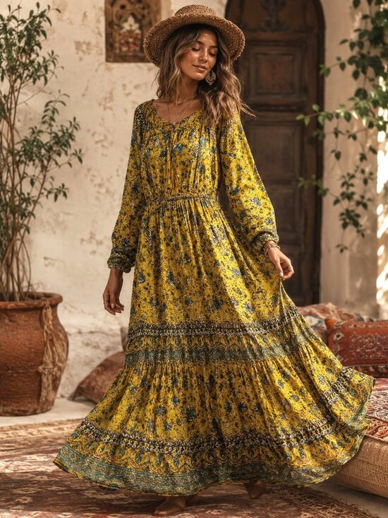 Violet Skies Dresses & Skirts - Violet Skies XL Boho Max Dress Tassels Golden Meadow Vacation Resort Flowy